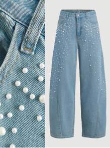 SHEIN MOD 女式浅蓝色铆钉休闲阔腿牛仔裤，夏季 - 藍色 - 查看 1