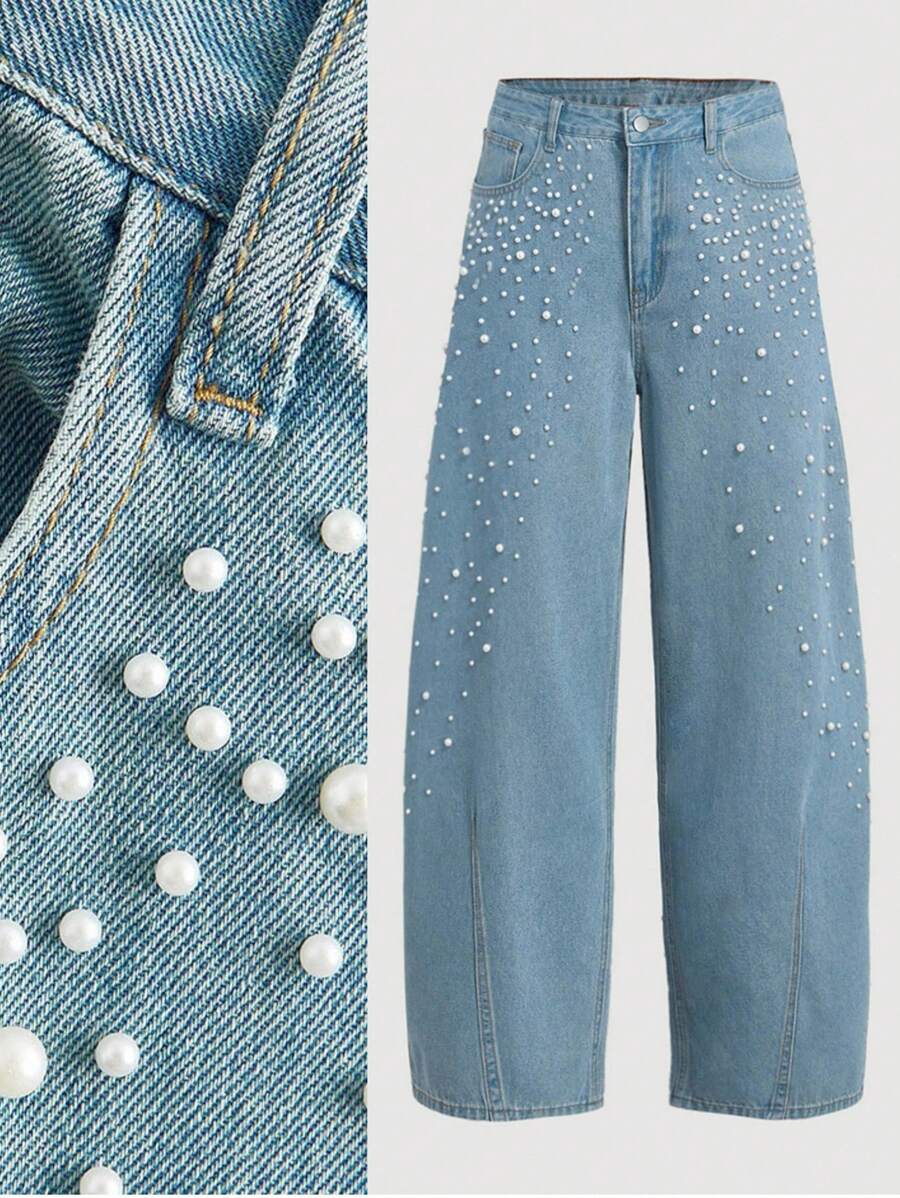 SHEIN MOD 女式浅蓝色铆钉休闲阔腿牛仔裤，夏季 - 藍色 - 查看 1