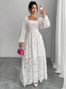 Rafferiza 女式秋季泡泡袖针织拼布提花修身A字连衣裙 - 白色 - 查看 3