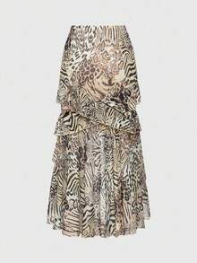 ROMWE Women's Retro Hippie Chic Music Festival Low Waist Ruffle Hem Leopard Print Chiffon Low Waist Mermaid Skirt - Multicolor - View 2