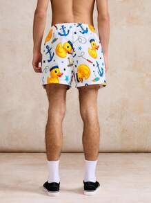 Surfspeed 男士休闲印花鸭子和锚图案抽绳腰短裤，夏季百搭沙滩/运动短裤 - 白色 - 查看 3
