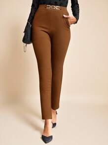 Amorya Women's High Waist Metallic Buckle Detail Skinny Pants Valentine's Day Vacation Outfits Woman Summer Outfits For Women Going Out Tops Women,Business Casual Woman,Summer,Cute Shirts,Office - Brown - View 3