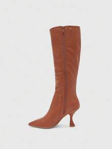 CUCCOO BIZCHIC Bottes mi-mollet à talon fin et bout pointu, de couleur unie et style minimaliste pour femmes - Tabac - Voir 9
