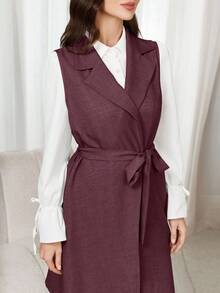 Modelyn 3 件套女士纯色前扣简约长袖衬衫、前领带无袖夹克和长裤休闲西装套装 2 件套 - 中紫紅色 - 查看 4