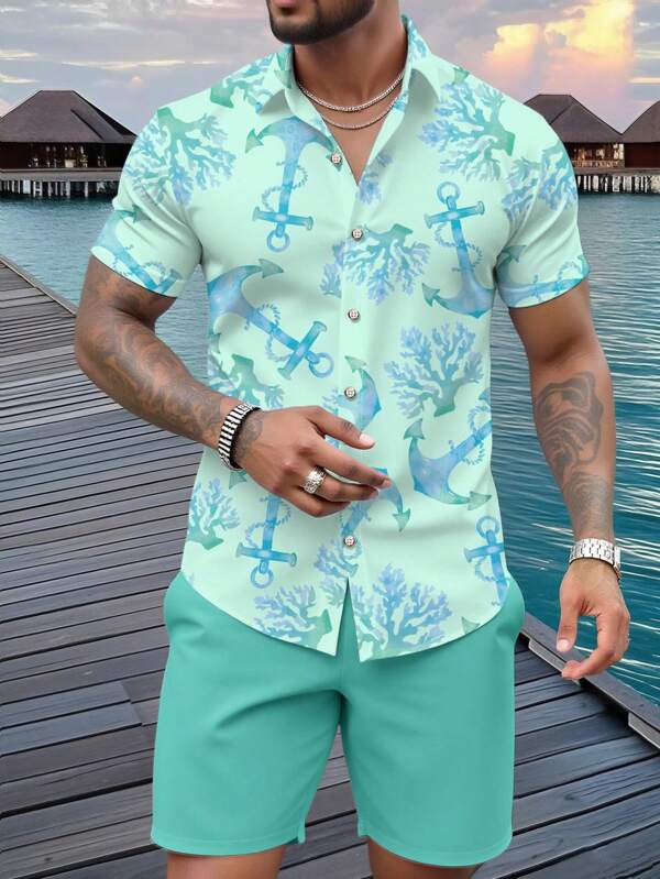 Manfinity RSRT 2pcs Men's Anchor & Coral Casual Leisure Vacation Short Sleeve Shirt And Shorts Set