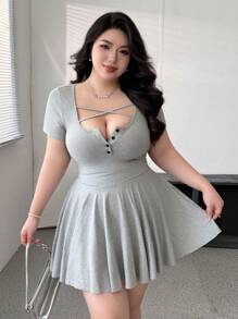Vibekara New Elegant Casual Versatile Grey Fitted Short Sleeve Waist Ruched Design A-Line Long Dress, Slimming Vacation Puppy Keep