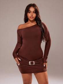 Rustia Sexy Bodycon Asymmetric Shoulder Ruched Waist Mini Dress Fall Cloth For Women - Brown - View 8