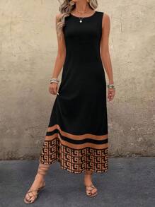 EMERY ROSE Casual Textured Round Neck Long Dress For Women, Suitable For Summer Black Summer Dress Chic Dress - Black - View 3