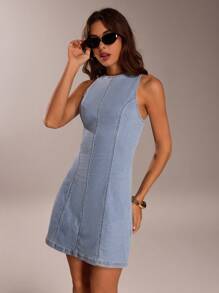 SHEIN Forever 21 女士休闲露肩牛仔连衣裙 - 淺藍色 - 查看 5