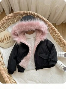 SHEIN 女宝宝可爱百搭保暖内衬连帽毛领夹克，秋冬 - 彩色 - 查看 7