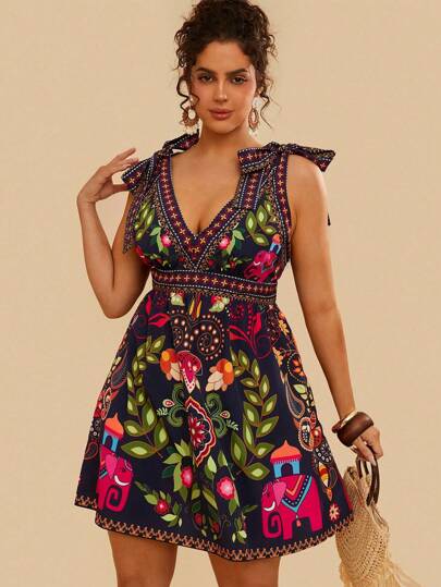 Travachic Plus Size Women's Casual Bohemian Summer Shoulder Tie Bow Floral Print Mini Dress Women Summer Clothing Women Short Dresses Summer