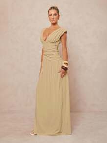 Lumalex Váy thời trang gợi cảm cổ chữ V sâu màu trơn dành cho nữ - Màu Khaki - Xem 5