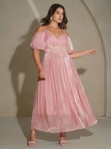 Anewsta Elegant Shoulder-Baring Rhinestone Accent Slim Fit Waistline Dress For Women - Pink - View 6