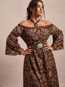 Freevana Váy dài tay trễ vai in họa tiết cổ điển cỡ lớn - Nhiều màu - Xem 1