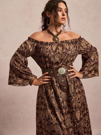 Freevana Plus Size Vintage Print Off Shoulder Long Sleeve Dress Halloween Dresses For Women Elegant Going Out Outfits Date Night Outfits Women Flowy Dress Off The Shoulder Dress Winter Dress School Teacher Outfits For Women Western Vintage Winter Fall Clothes Plus Size Boho Old Money Winter Outfits For Women