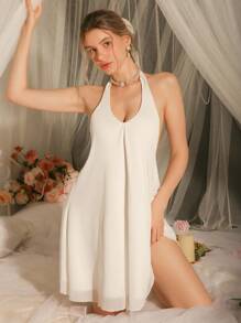 性感细肩带吊带裙，女士睡袍假日季节舒适优雅细节，秋冬 - 白色 - 查看 4