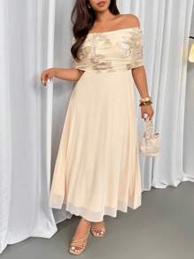 Firerie Plus Size Women's Elegant Delicate Romantic Wedding Guest Party Gown, Textured Fabric Off Shoulder Draped Ruffle Embroidered Mesh Maxi Dress, Summer - Apricot - View 5
