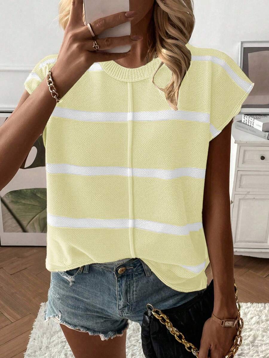 EMERY ROSE 女士休闲宽松圆领插肩无袖针织背心，时尚条纹拼布套头毛衣背心，秋冬 - 杏色 - 查看 1