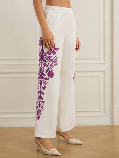 Aveloria Rosie Vibrant Purple Totem Embroidered Wide Leg Pants, Casual & Versatile Fall Cloth For Women