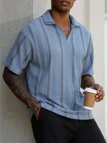 Manfinity Homme Business Style Men's Polo Shirt In Fabric With Regular Hem And Detailed Pattern Men Textured Shirt - BLUE AND BLACK - View 4