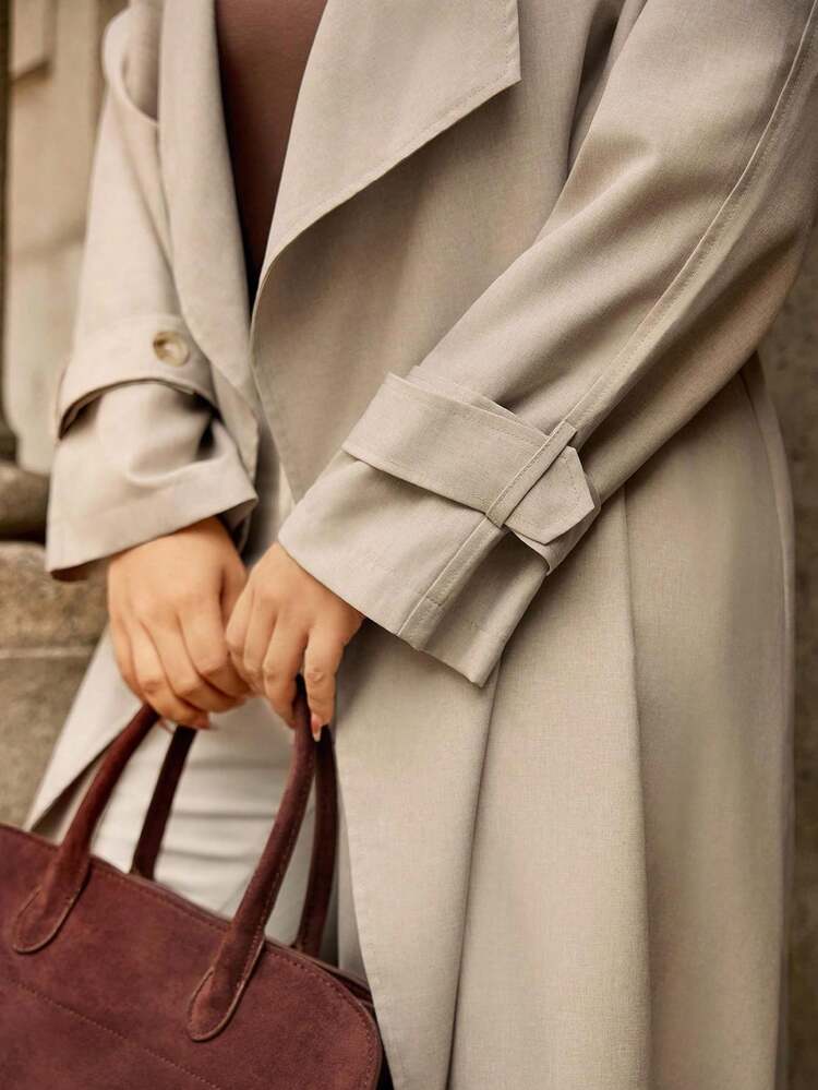 Easura 大码女式纯色长袖长款休闲宽松通勤办公室夹克女式风衣长款外套超大号外套女式外套超大号夹克 - 卡其色 - 查看 6