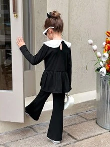 Young Girls T-Shirt Co-Ords Girls Black Two-Piece Set With White Ruffle Collar And Pearl Buttons, Elegant Preppy Long Sleeve Top And Pants Outfit - Pink - View 2