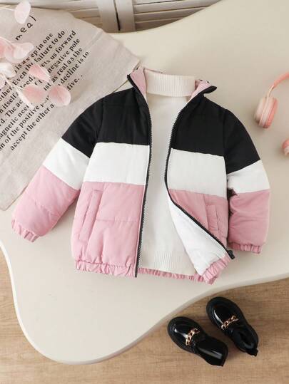 New Style Young Girls Minimalist Brand Classic Short Multi-Color Patchwork Padded Coat Girls Winter Jackets Kids Puffer Jacket Toddler Girl Coats Girls Pink Jacket Color Block Puffer Jacket Toddler Girl Jacket Color Block Jacket Girls Childrens Jackets Pink And Black Jacket Girl Fall