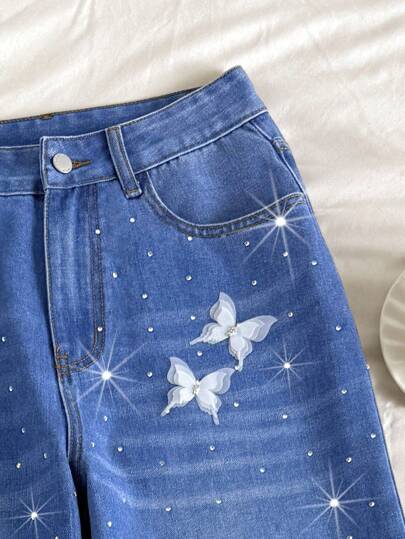 Comfortcana Jeans anchos y sueltos para mujer con bolsillos, decorados con aplicación de mariposa de rhinestone