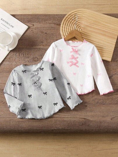 SHEIN Baby Girls' Fashion Bow Print Long Sleeve Ruffled Top, Spring & Autumn