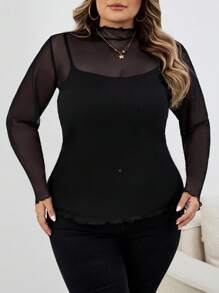 SHEIN CURVE+ 大码女式休闲透视网眼荷叶边立领长袖 T 恤大码透视上衣大码黑色上衣 8xl 女装 Curve Plus 上衣女式 Curve Plus 服装秋季女装、冬季、CURVE PLUS/秋冬 - 黑色 - 查看 3