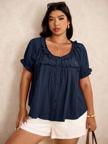 Elaquor Plus Size Women's Solid Color Frill Trim Round Neck Single-Breasted Short Sleeve Casual Shirt Spring To Summer - Navy Blue - View 4