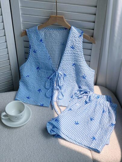 Comfortcana Conjunto de camiseta de tirantes y pantalones cortos a rayas con lazo para mujer