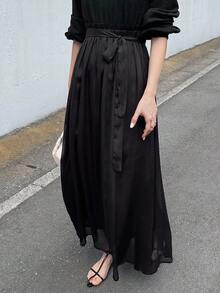 FRIFUL Women's Mock Neck Knit Patchwork Chiffon Loose High Waist Dress - Black - View 2