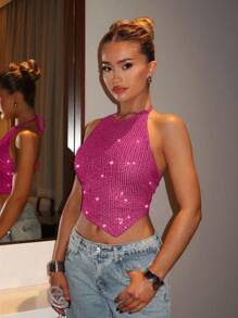 Glamine 女士性感不对称亮片圣诞吊带背心，闪亮上衣，适合夜店派对，适合节日派对服装上衣，女士情人节秋季女装，返校季 - 玫紅色 - 查看 3