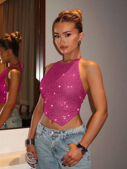 Glamine Charm Pink Sequin Asymmetric Camisole Sparkly Y2K Top Homecoming Sorority Rush Halloween Fall Autumn Party Night Out Going Out Elegant Glamorous Sparkly