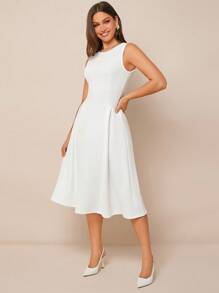 Amorya Women Round Neck Sleeveless Dress With Split Hem And Structural Design,White Graduation Dress Business Casual Woman Night Out Teacher Outfits For Women Church Outfits Women