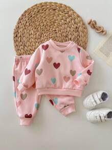 SHEIN 2件套新生儿爱心图案长袖上衣和裤子套装 - 彩色 - 查看 4