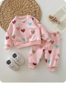 SHEIN 2件套新生儿爱心图案长袖上衣和裤子套装 - 彩色 - 查看 8