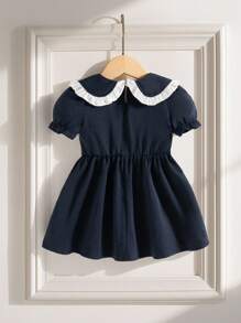 Souflis Souflis Baby Girl Elegant Academy Sweet Navy Blue & White Ruffle Peter Pan Collar Puff Sleeve Dress, Suitable For School, Everyday Wear, And Photos, Summer - Navy Blue - View 2