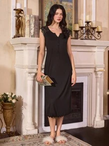 Côtesoire 法式 V 领蕾丝花边仿领装饰纽扣女式休闲睡袍 - 黑色 - 查看 6