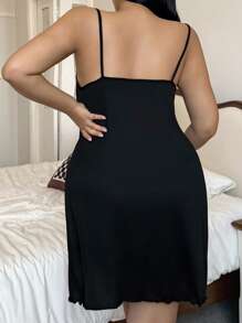 Napfluff CURVE Napfluff CURVE Plus Size Solid Color Knit Camisole Nightgown With Heart & Letter Print, Fitted Women Nightdress Short Nightgown Cute Nightgown Sleep Dress - Black - View 3