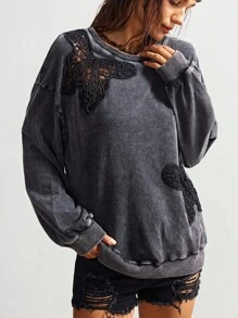 Bohemela 秋冬波西米亚风休闲纯色针织圆领宽松水洗女式运动衫 - 黑色 - 查看 1