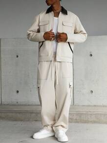 Manfinity EMRG 多口袋撞色缝线卡其色男士长袖夹克和裤子套装，秋季服装 - 卡其色 - 查看 3