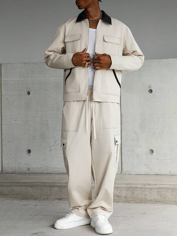 Manfinity EMRG 多口袋撞色缝线卡其色男士长袖夹克和裤子套装，秋季服装 - 卡其色 - 查看 3