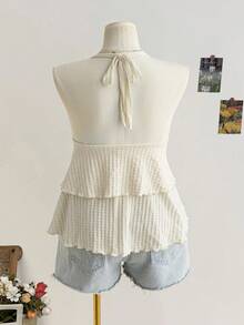 Dreamara 女士黄色露背荷叶边衬衫，甜美性感，适合夏季度假 - 杏色 - 查看 2