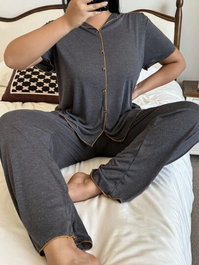 SHEIN Dark Grey Plus Size Women's Pajama Pant Set With Collar And Relaxed Fit For Comfort Grey Pajama Set Lounge Wear Set Two Piece Pajama Set Matching Pajama Set, Outfits