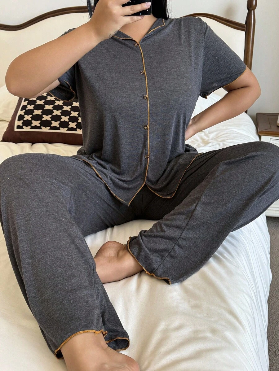 SHEIN 深灰色加大码女式睡裤套装,有领,宽松舒适,灰色睡衣套装,休闲服套装,两件套睡衣套装,配套睡衣套装,服装 - 深灰色 - 查看 1