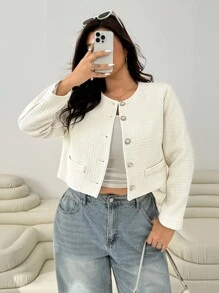 SHEIN EZwear 大码女式长袖单排扣休闲大衣 - 杏色 - 查看 6