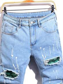 Manfinity Roughcore Men's Slim Fit Ripped Pocket Casual Denim Jeans Men Ripped Jeansstreetwear Jeans - Light Wash - View 3
