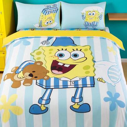 SpongeBob SquarePants | SHEIN 3pcs Bedding Set, Soft & Warm Brushed Material, Blue Stripe Cartoon Pattern Duvet Cover, Suitable For Single/Twin/Queen/King Size Bed